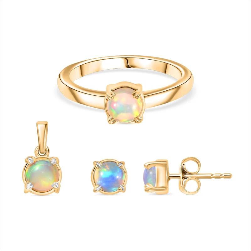3er Set - AA Natürlicher, äthiopischer Welo Opal Anhänger, Ohrringe und Ring, Größe (17.00), ca. 2,24 ct.
