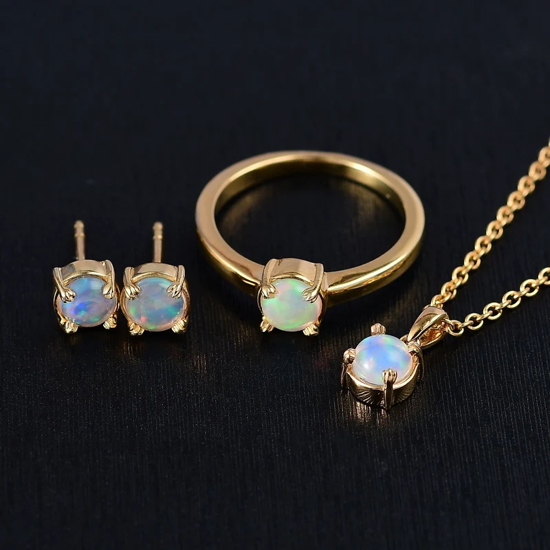 3er Set - AA Natürlicher, äthiopischer Welo Opal Anhänger, Ohrringe und Ring, Größe (17.00), ca. 2,24 ct.