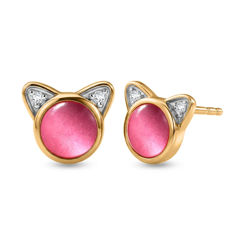 D'Joy Flamingo Mondstein, Weißer Zirkon Ohrringe 925 Silber 750 Vergoldet ca. 1.97 ct