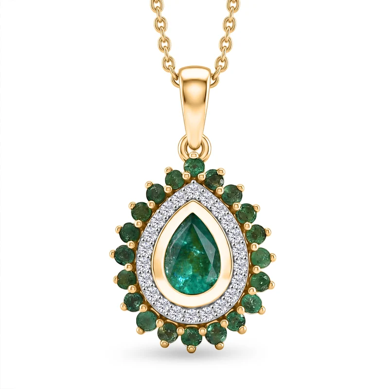 D'Joy AAA Kagem Sambischer Smaragd Schmuckset ca. 50 cm 925 Silber 750 Gelbgold vermeil ca. 1.12 ct