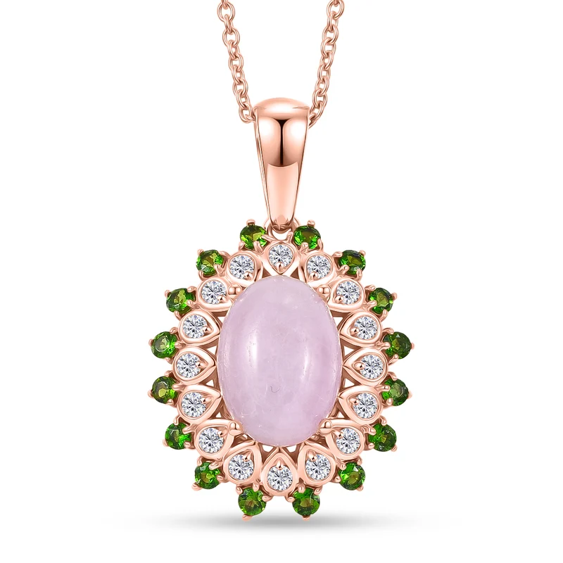 EVER TRUE Kunzit, Natürlicher Chromdiopsid Anhänger, Roségoldfarben nickelfreies Messing, 316L Edelstahlkette 50 cm ca. 8.02 ct
