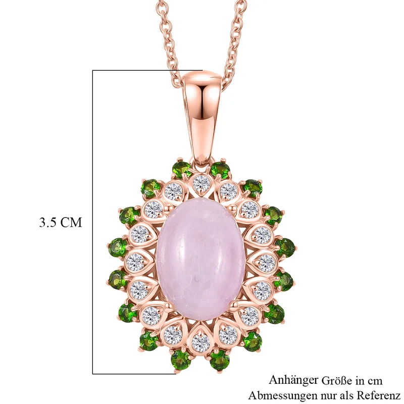 EVER TRUE Kunzit, Natürlicher Chromdiopsid Anhänger, Roségoldfarben nickelfreies Messing, 316L Edelstahlkette 50 cm ca. 8.02 ct