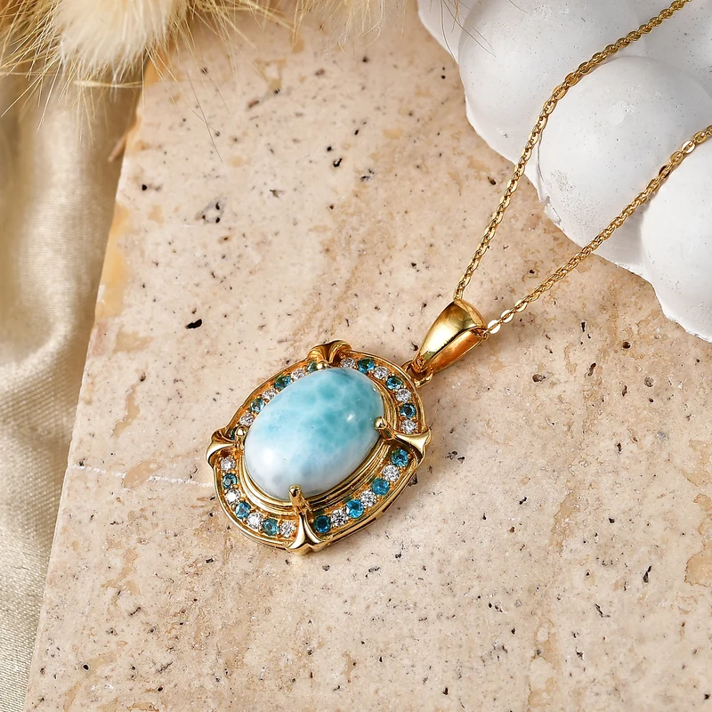 D'Joy Larimar, Neon Apatit Anhänger mit Kette, ca. 50 cm 925 Silber 750 Gelbgold vermeil ca. 7.43 ct