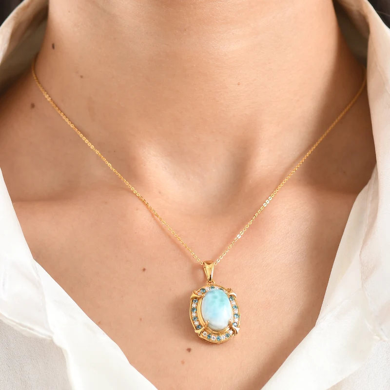 D'Joy Larimar, Neon Apatit Anhänger mit Kette, ca. 50 cm 925 Silber 750 Gelbgold vermeil ca. 7.43 ct