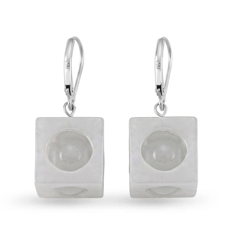 D'Joy EXTREM SELTEN Natürliche Weiße Jade Ohrringe 925 Silber Rhodiniert ca. 50.00 ct