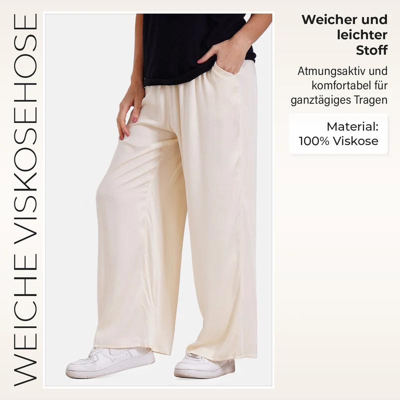 Locker geschnittene Damenhose mit Gummibund - 100% Viskose, Seitentaschen, Einheitsgröße, Länge: 106cm, Dehnbund: 60cm, beige