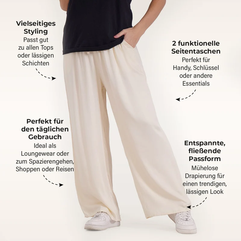 Locker geschnittene Damenhose mit Gummibund - 100% Viskose, Seitentaschen, Einheitsgröße, Länge: 106cm, Dehnbund: 60cm, beige