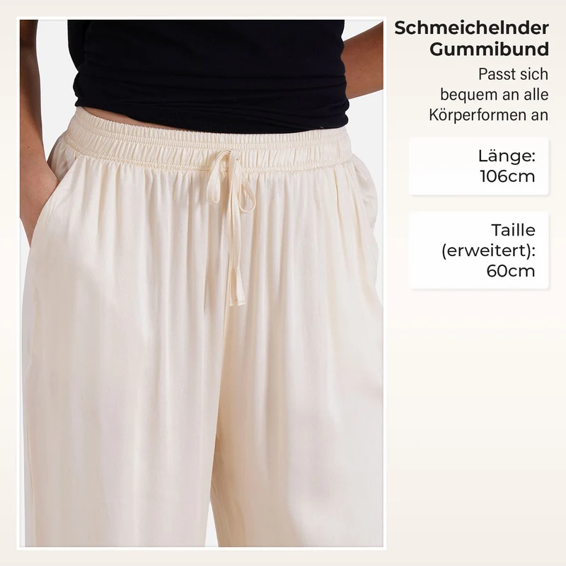 Locker geschnittene Damenhose mit Gummibund - 100% Viskose, Seitentaschen, Einheitsgröße, Länge: 106cm, Dehnbund: 60cm, beige