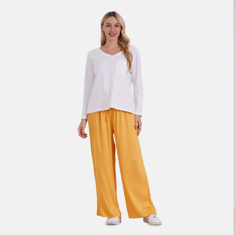 Locker geschnittene Damenhose mit Gummibund - 100% Viskose, Seitentaschen, Einheitsgröße, Länge: 106cm, Dehnbund: 60cm, beige