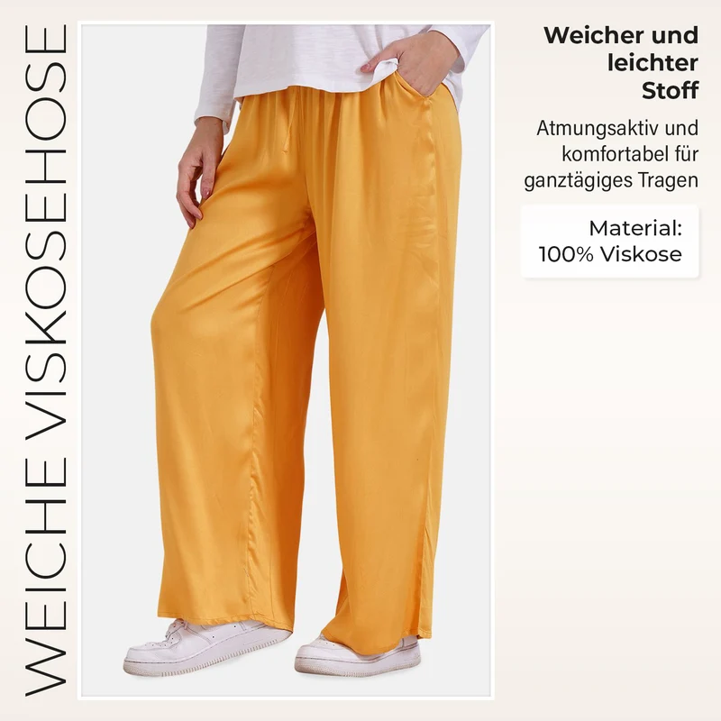 Locker geschnittene Damenhose mit Gummibund - 100% Viskose, Seitentaschen, Einheitsgröße, Länge: 106cm, Dehnbund: 60cm, beige