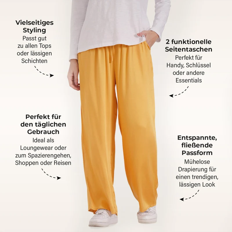 Locker geschnittene Damenhose mit Gummibund - 100% Viskose, Seitentaschen, Einheitsgröße, Länge: 106cm, Dehnbund: 60cm, beige
