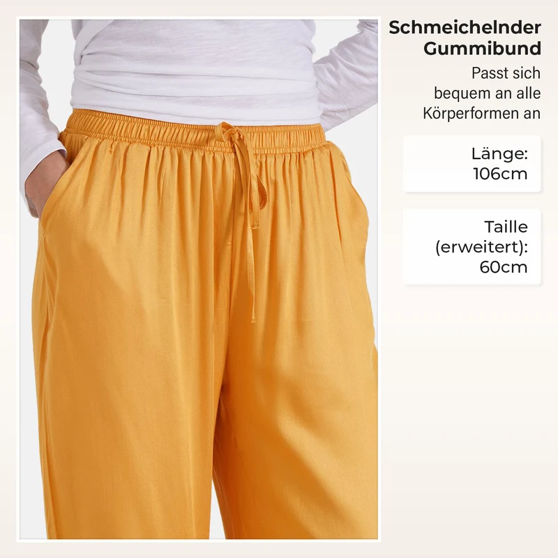 Locker geschnittene Damenhose mit Gummibund - 100% Viskose, Seitentaschen, Einheitsgröße, Länge: 106cm, Dehnbund: 60cm, beige