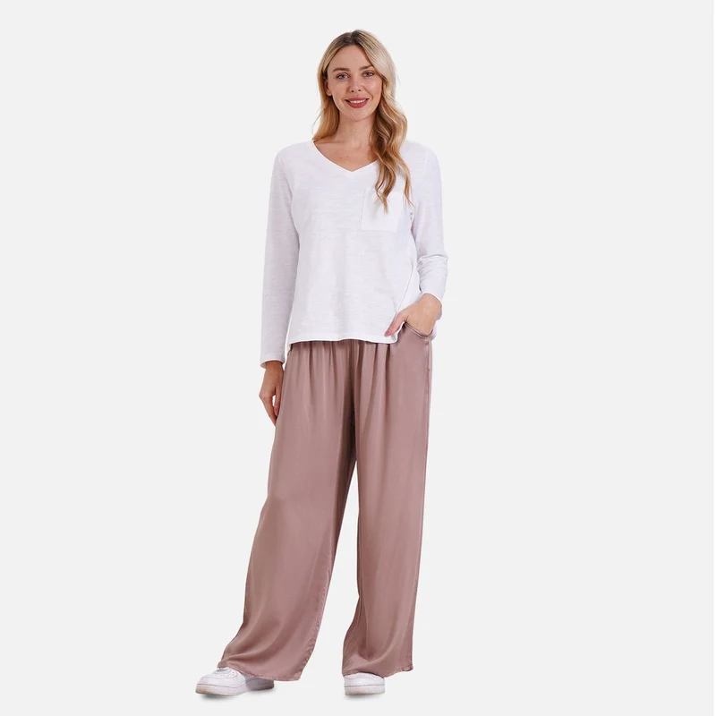 Locker geschnittene Damenhose mit Gummibund - 100% Viskose, Seitentaschen, Einheitsgröße, Länge: 106cm, Dehnbund: 60cm, beige