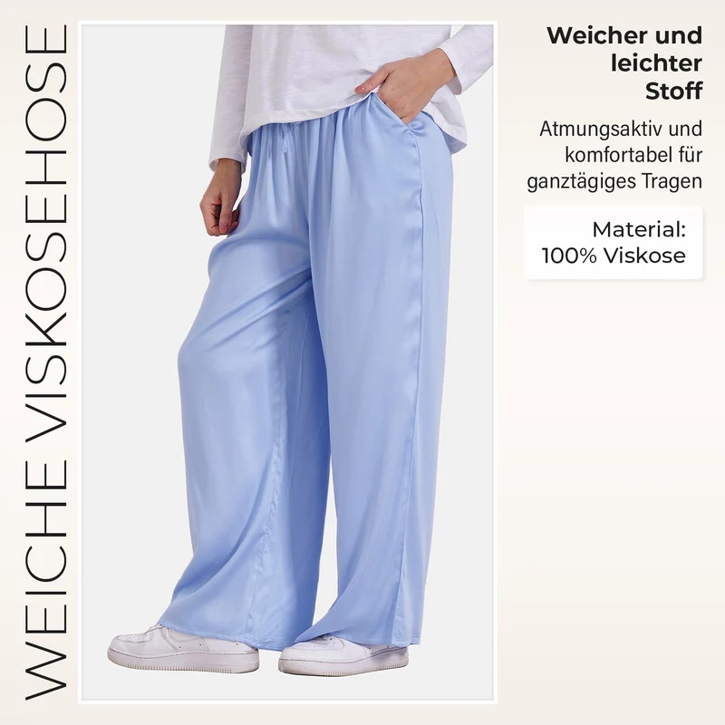 Locker geschnittene Damenhose mit Gummibund - 100% Viskose, Seitentaschen, Einheitsgröße, Länge: 106cm, Dehnbund: 60cm, beige