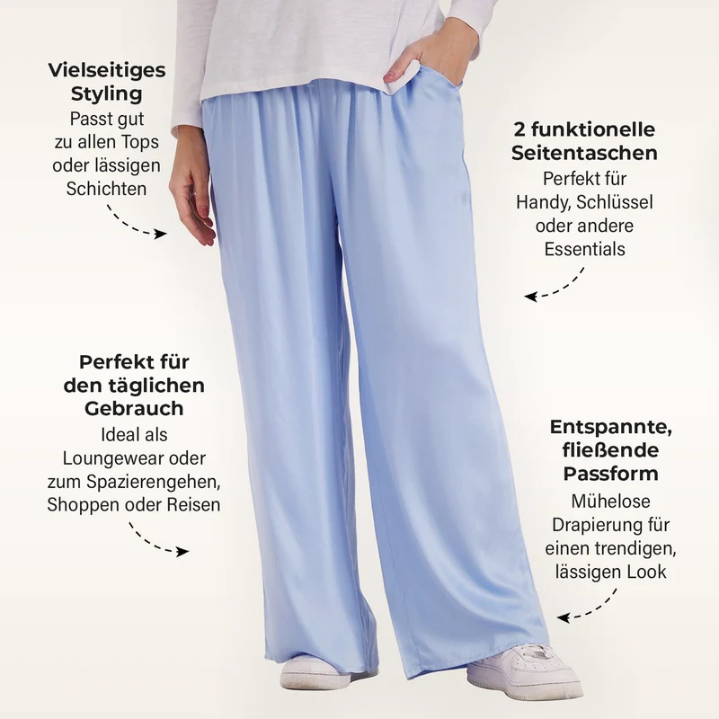 Locker geschnittene Damenhose mit Gummibund - 100% Viskose, Seitentaschen, Einheitsgröße, Länge: 106cm, Dehnbund: 60cm, beige