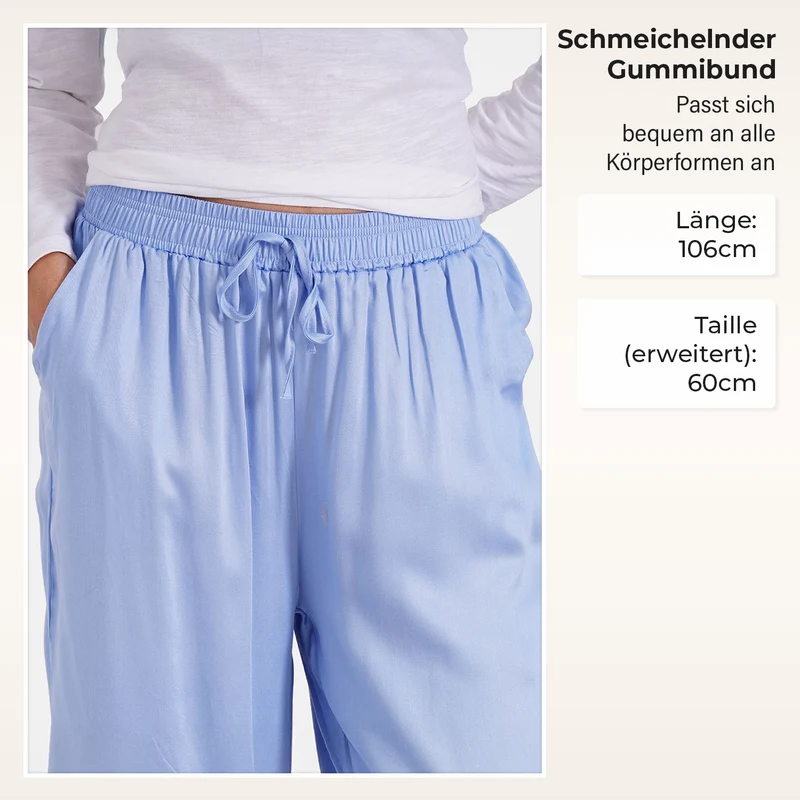 Locker geschnittene Damenhose mit Gummibund - 100% Viskose, Seitentaschen, Einheitsgröße, Länge: 106cm, Dehnbund: 60cm, beige