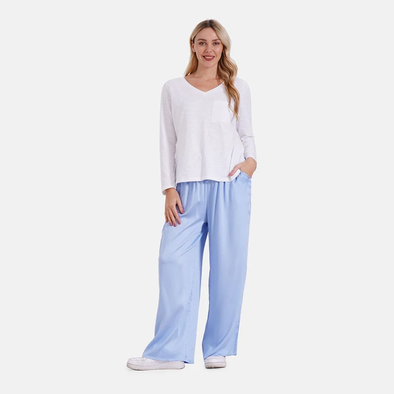 Locker geschnittene Damenhose mit Gummibund - 100% Viskose, Seitentaschen, Einheitsgröße, Länge: 106cm, Dehnbund: 60cm, beige