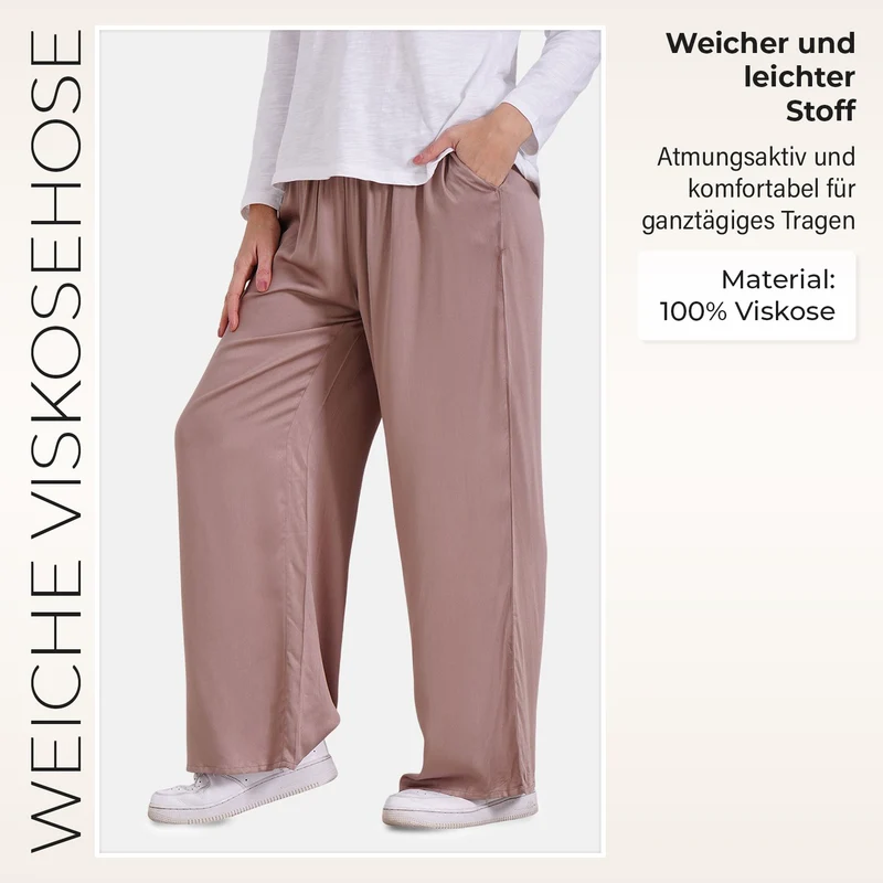 Locker geschnittene Damenhose mit Gummibund - 100% Viskose, Seitentaschen, Einheitsgröße, Länge: 106cm, Dehnbund: 60cm, beige