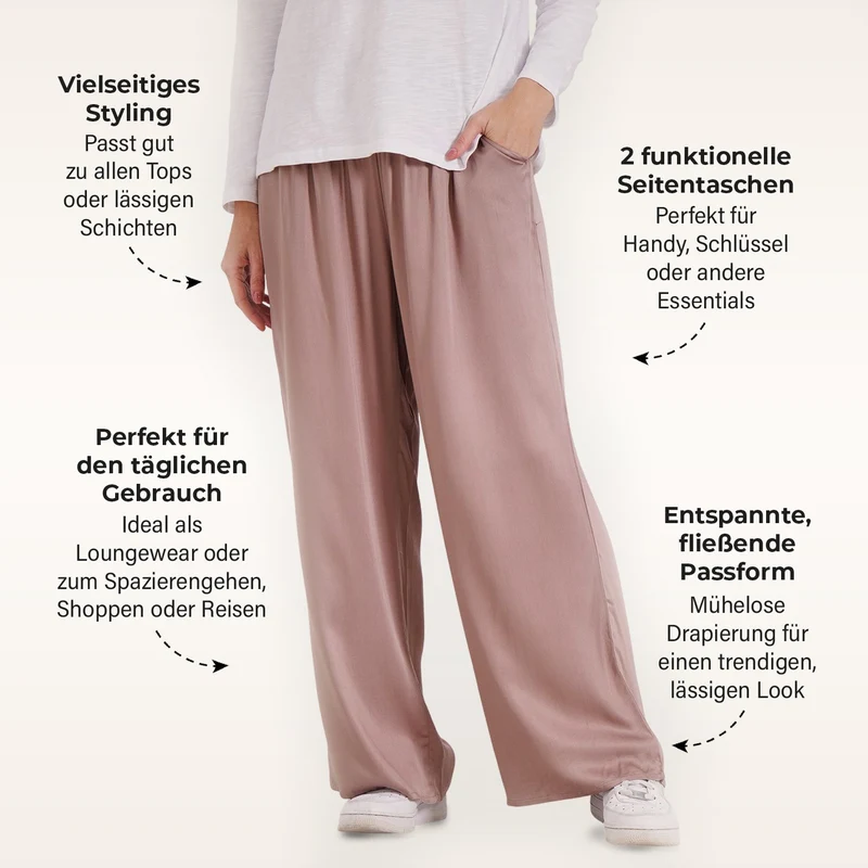 Locker geschnittene Damenhose mit Gummibund - 100% Viskose, Seitentaschen, Einheitsgröße, Länge: 106cm, Dehnbund: 60cm, beige
