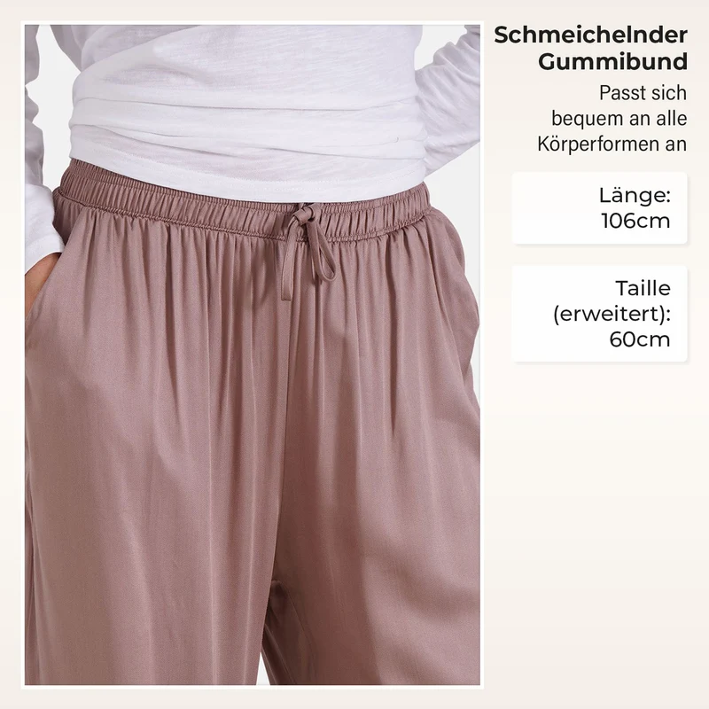 Locker geschnittene Damenhose mit Gummibund - 100% Viskose, Seitentaschen, Einheitsgröße, Länge: 106cm, Dehnbund: 60cm, beige