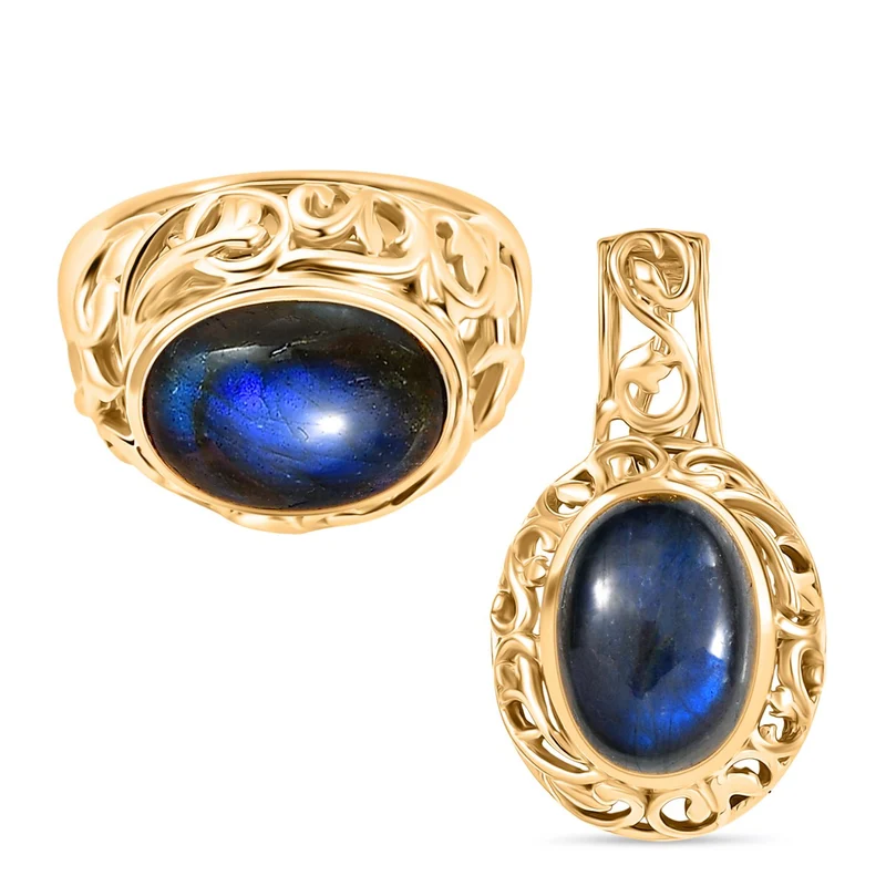 2er Set - Labradorit Ring und Anhänger, (Größe 17.00), Nickelfreies Gelb Messing, (5-10 Werktage Lieferzeit) ca. 14.00 ct