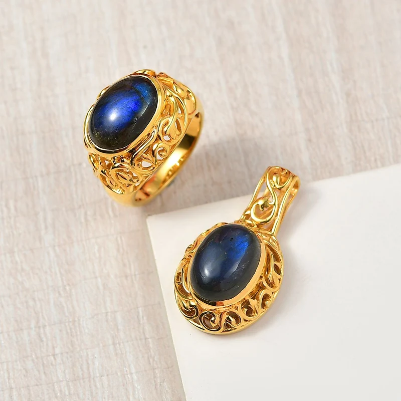 2er Set - Labradorit Ring und Anhänger, (Größe 17.00), Nickelfreies Gelb Messing, (5-10 Werktage Lieferzeit) ca. 14.00 ct
