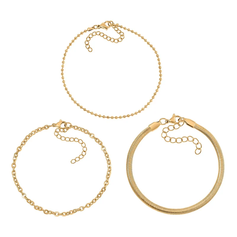3er Set - Kugelarmband, Gliederarmband, Ankerarmband, Edelstahl, Goldfarben