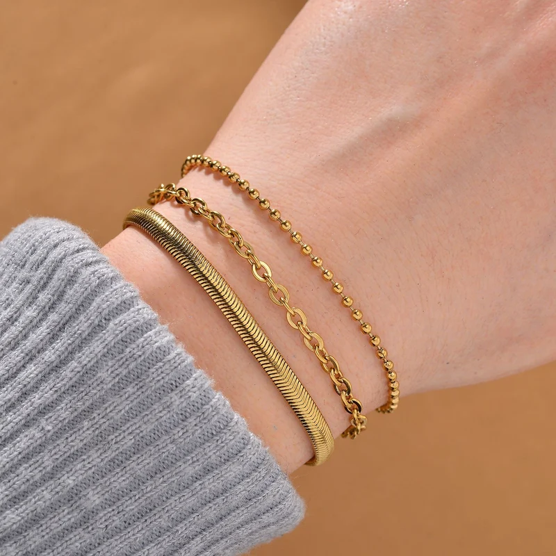 3er Set - Kugelarmband, Gliederarmband, Ankerarmband, Edelstahl, Goldfarben