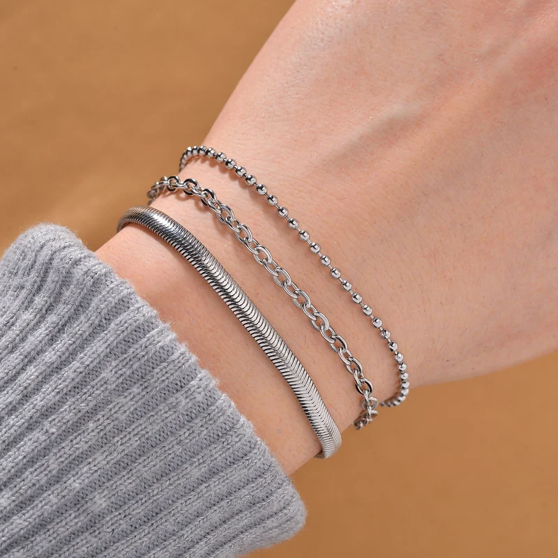 3er Set - Kugelarmband, Gliederarmband, Ankerarmband, Edelstahl, Goldfarben