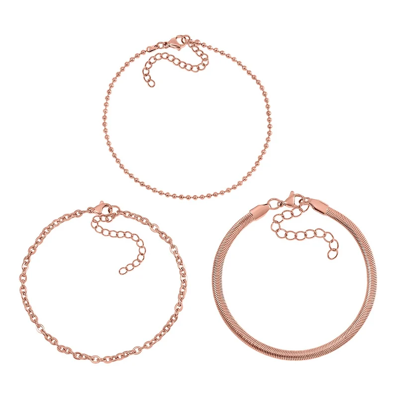 3er Set - Kugelarmband, Gliederarmband, Ankerarmband, Edelstahl, Goldfarben