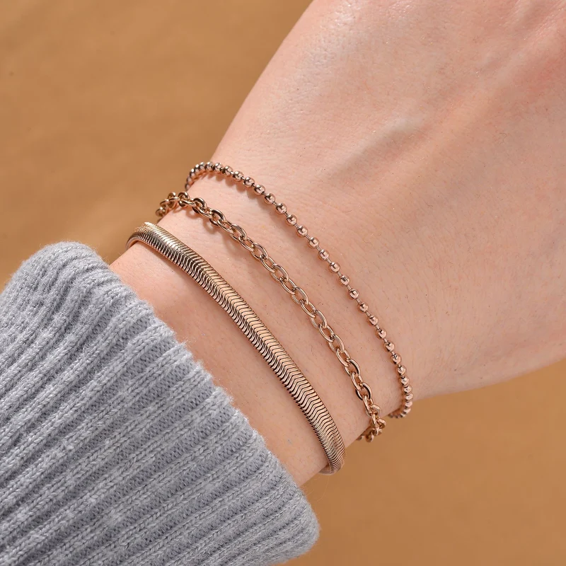 3er Set - Kugelarmband, Gliederarmband, Ankerarmband, Edelstahl, Goldfarben