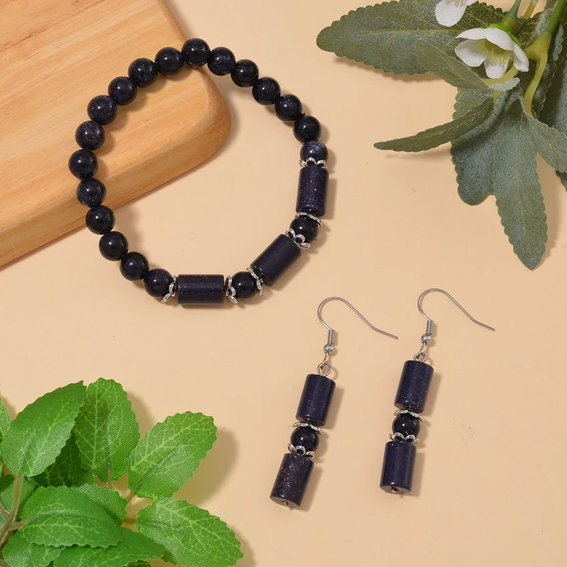 Blauer Sandstein Schmuckset Reiner Edelstahl ca. 136.00 ct