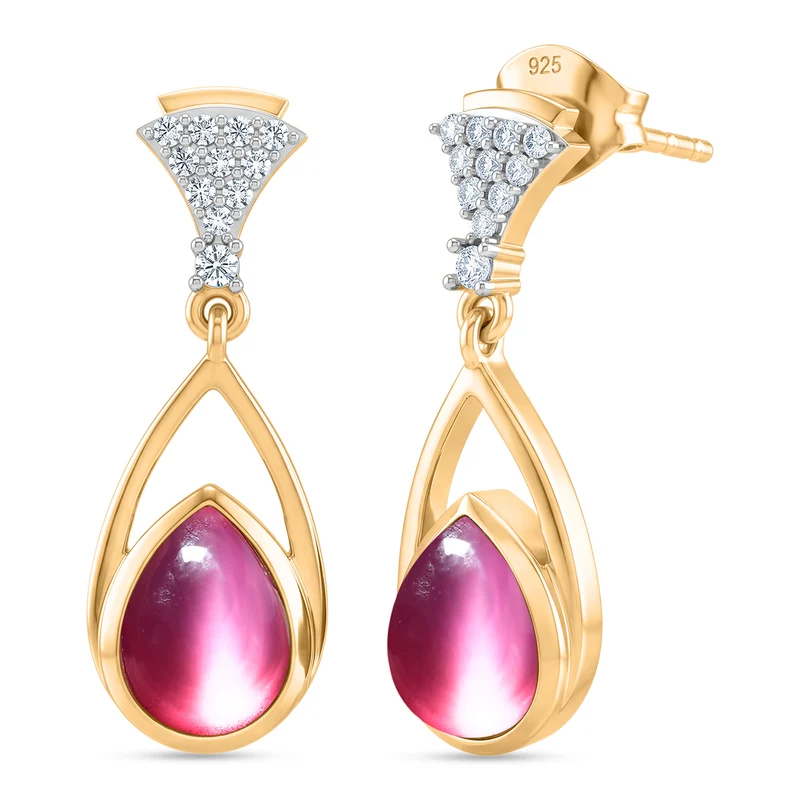 D'Joy Flamingo Mondstein, Weißer Zirkon Ohrringe 925 Silber 750 Vergoldet ca. 2.81 ct