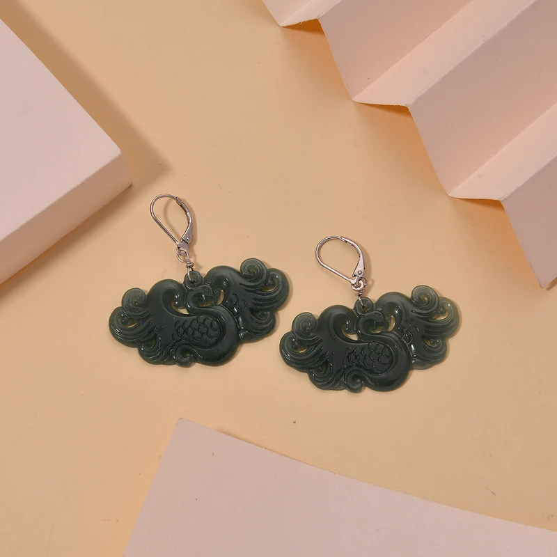 D'Joy Type A Natürlicher Olmek Jadeit Ohrringe 925 Silber Rhodiniert ca. 40.00 ct