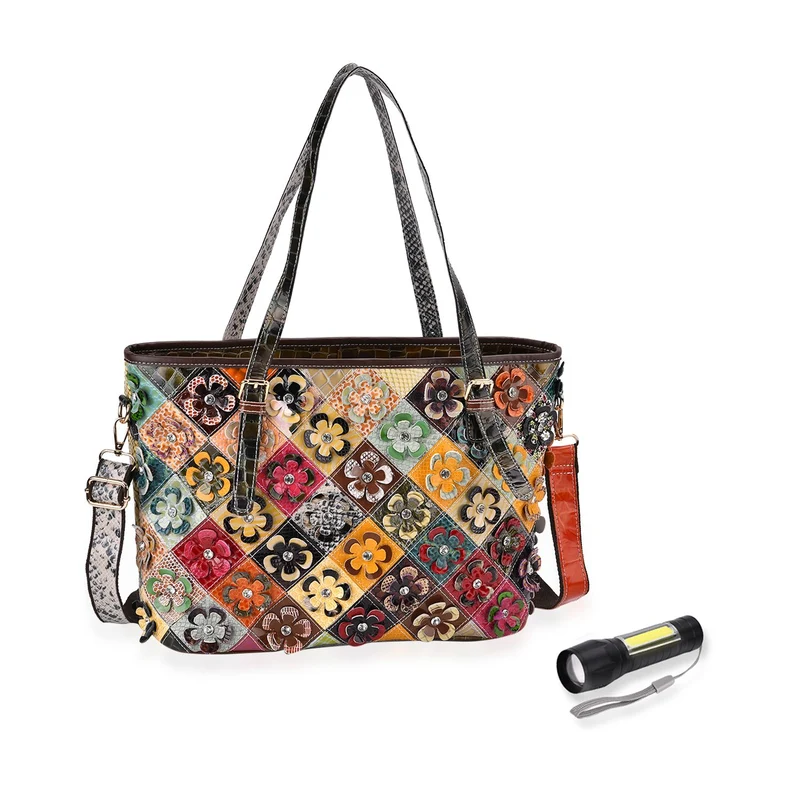 Chaos by Elsie - Crossbody-Tasche aus echtem Leder, Multicolor mit glänzender Krokoprägung & Blumenmotiv im Rautenmuster, RFID-Schutz und Mini-Taschenlampe, 35x14x27 cm