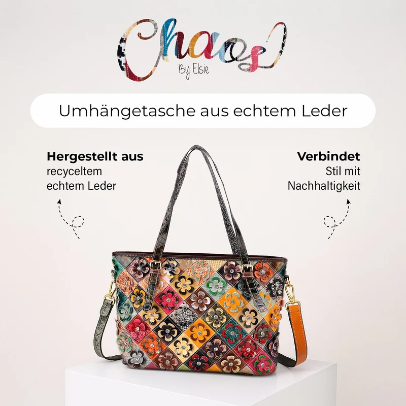 Chaos by Elsie - Crossbody-Tasche aus echtem Leder, Multicolor mit glänzender Krokoprägung & Blumenmotiv im Rautenmuster, RFID-Schutz und Mini-Taschenlampe, 35x14x27 cm