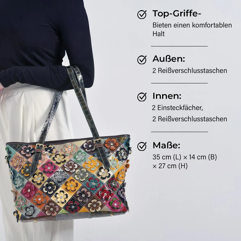 Chaos by Elsie - Crossbody-Tasche aus echtem Leder, Multicolor mit glänzender Krokoprägung & Blumenmotiv im Rautenmuster, RFID-Schutz und Mini-Taschenlampe, 35x14x27 cm