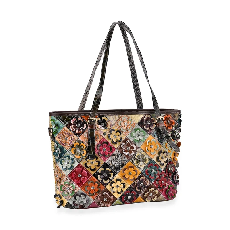 Chaos by Elsie - Crossbody-Tasche aus echtem Leder, Multicolor mit glänzender Krokoprägung & Blumenmotiv im Rautenmuster, RFID-Schutz und Mini-Taschenlampe, 35x14x27 cm