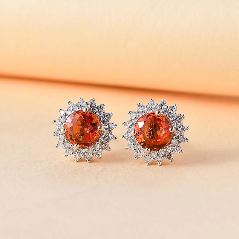 LUXORO zertifizierte und geprüfte AAA Orange Saphir und GH-I2 Diamant florale Halo Ohrringe in 585 Gelbgold - 2,18 ct.
