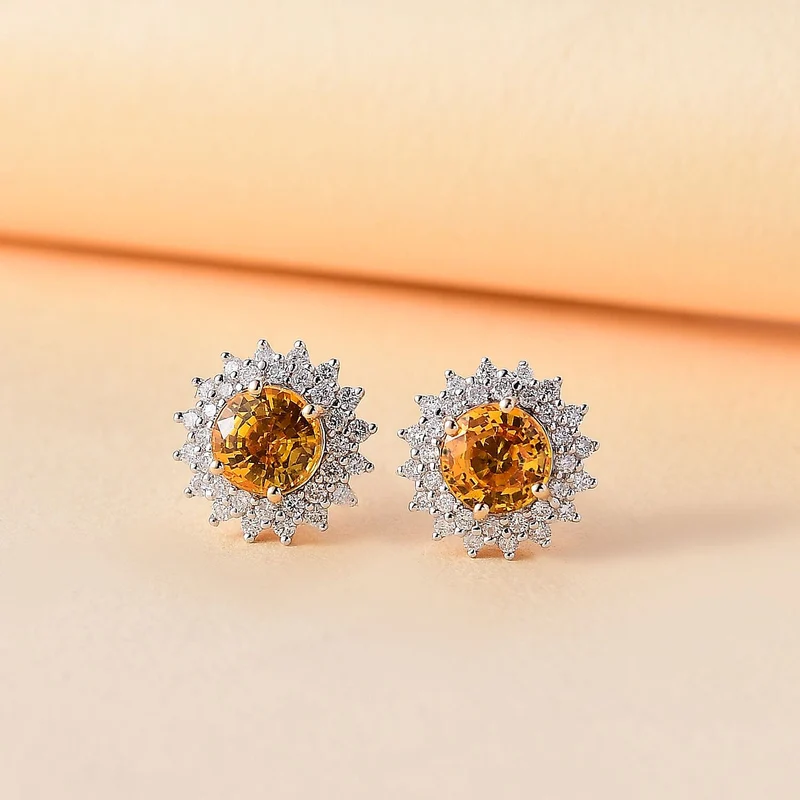 LUXORO zertifizierte und geprüfte AAA Orange Saphir und GH-I2 Diamant florale Halo Ohrringe in 585 Gelbgold - 2,18 ct.