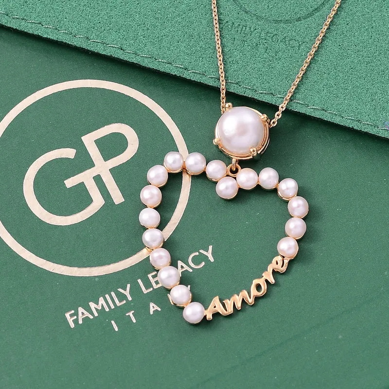GP Amore Kollektion - Süßwasserperle und blauer Saphir Anhänger mit 45cm Kette, 925 Silber Gelbgold Vermeil