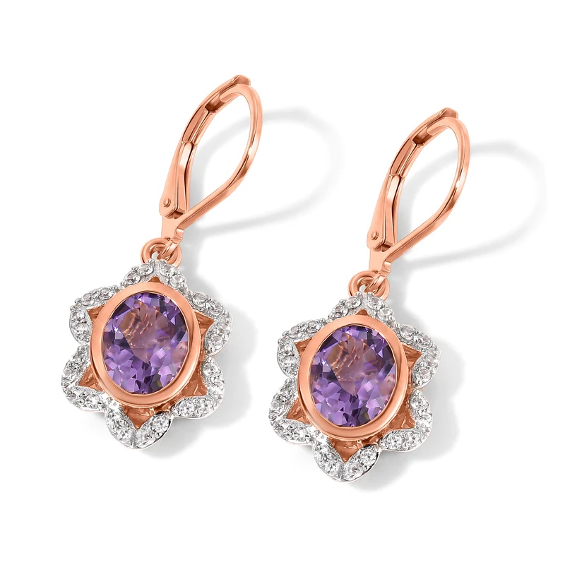 EverTrue Rose De France Amethyst und Zirkon florale Halo Ohrringe, 950 Kupfer rosévergoldet - 3,92 ct.