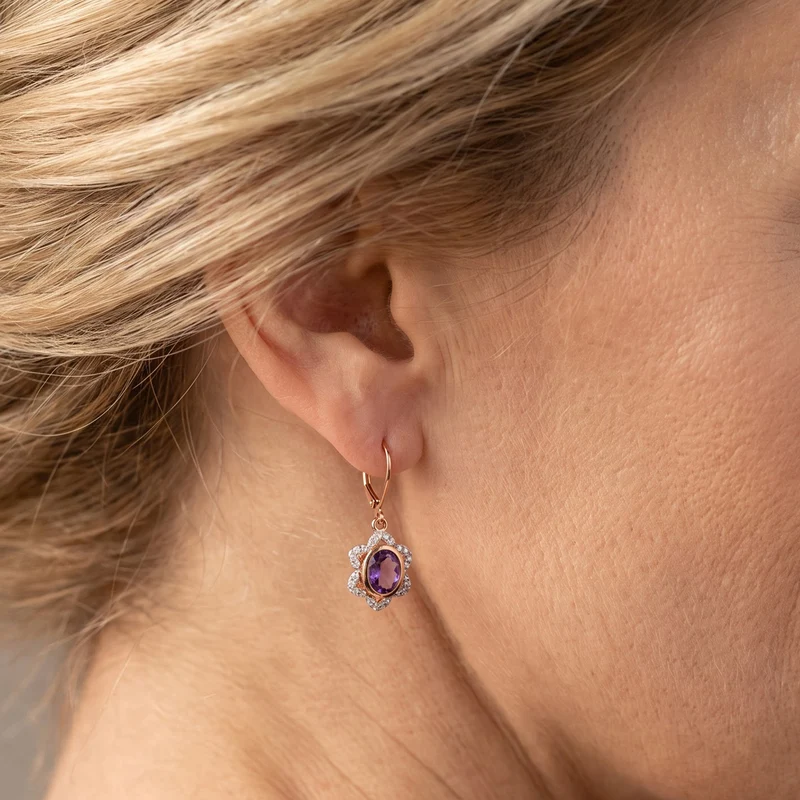 EverTrue Rose De France Amethyst und Zirkon florale Halo Ohrringe, 950 Kupfer rosévergoldet - 3,92 ct.