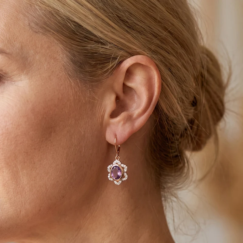 EverTrue Rose De France Amethyst und Zirkon florale Halo Ohrringe, 950 Kupfer rosévergoldet - 3,92 ct.