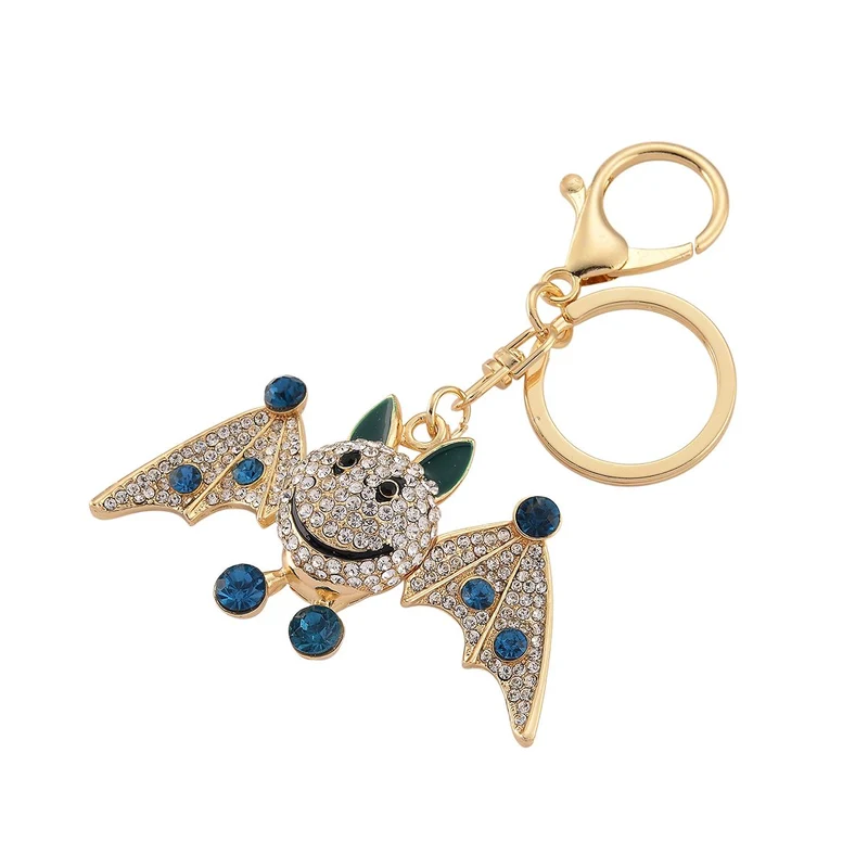 3er-Set emaillierte weiße, blaue und mehrfarbige Kristall-Schlüsselanhänger, Fee, Handtasche und Fledermau, Legierung in Gelbgold