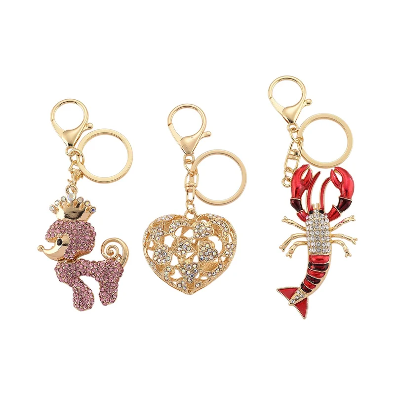 3er-Set emaillierte rosa, schwarze und eiße Kristall-Schlüsselanhänger mit gekröntem Pudel, Herz und Hummer, Legierung in Gelbgold
