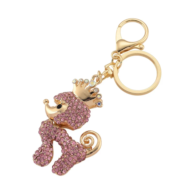 3er-Set emaillierte rosa, schwarze und eiße Kristall-Schlüsselanhänger mit gekröntem Pudel, Herz und Hummer, Legierung in Gelbgold