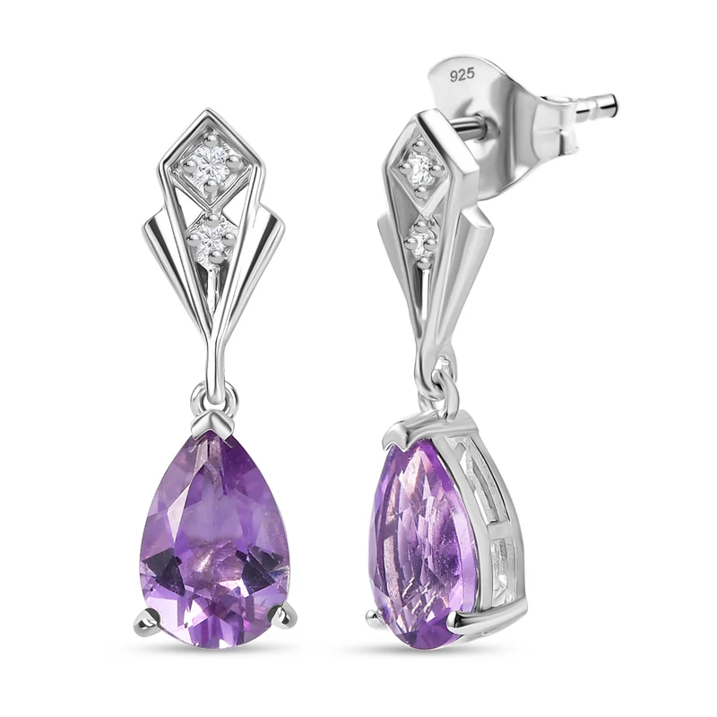 Zeitlose Art Kollektion - AA Rose De France Amethyst, Weißer Zirkon Ohrringe 925 Silber platiniert ca. 2.39 ct