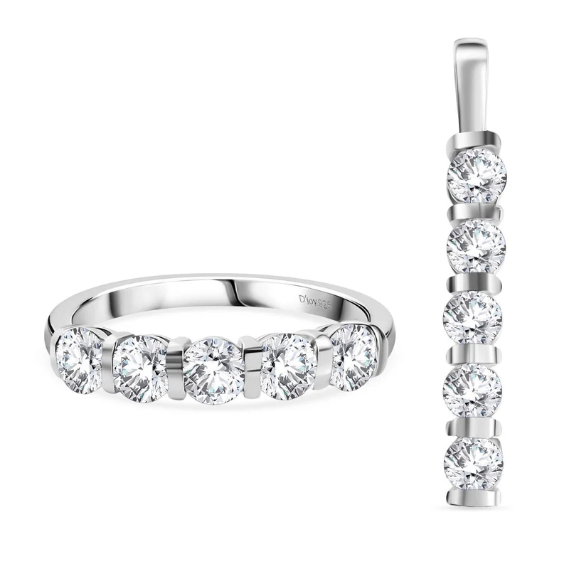 2er Set - Moissanit Anhänger und Ring, 925 Silber vergoldet, Größe (20.00), ca. 2,26 ct.