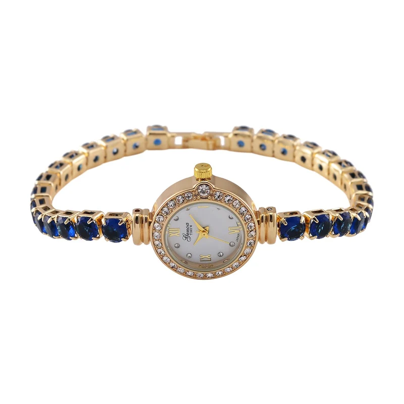 Genoa Time V2 - PC21S Japanisches Uhrwerk, Gehäuse mit weißen Kristallakzenten und PNP-Goldplattierung, runder Zifferblatt mit weißen Ziffern und Kristallen, Kupferkette mit blauen Zirkonia